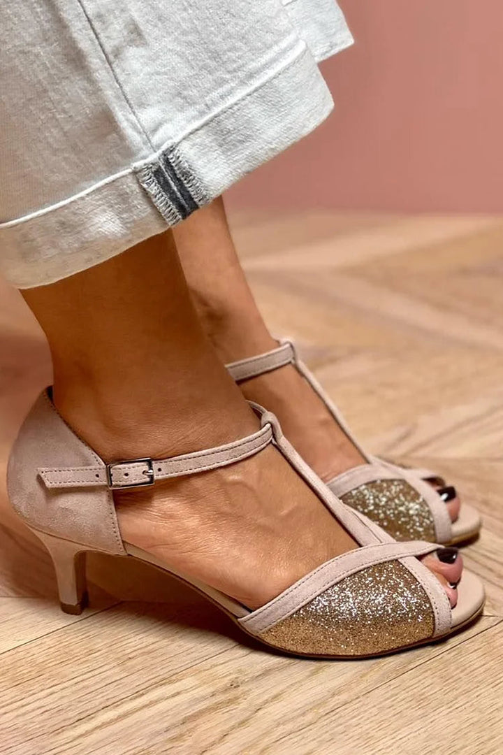 Glitter sandal with low heel