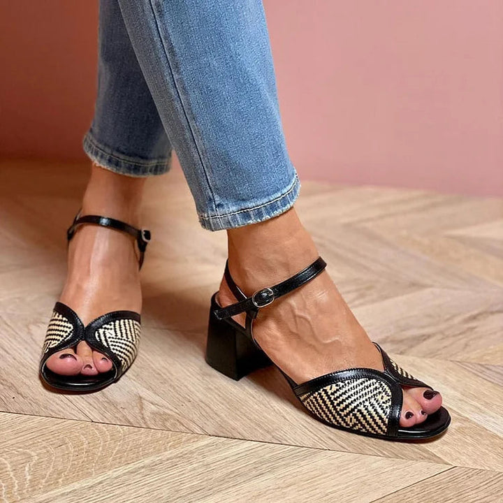 Woven fabric sandals with wide heel