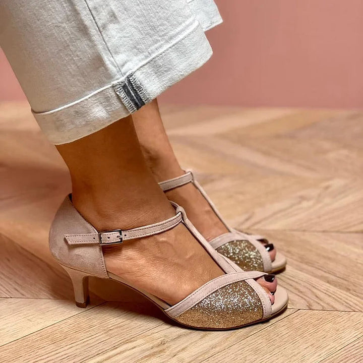 Glitter sandal with low heel