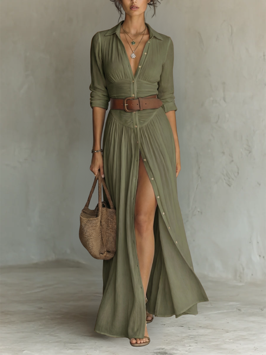 OLIVIA | Women’s Long Maxi Dress with Notched Lapel Collar and Long Sleeves