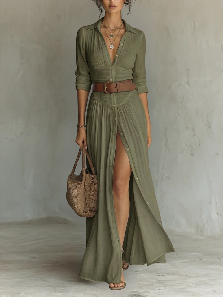 OLIVIA | Women’s Long Maxi Dress with Notched Lapel Collar and Long Sleeves