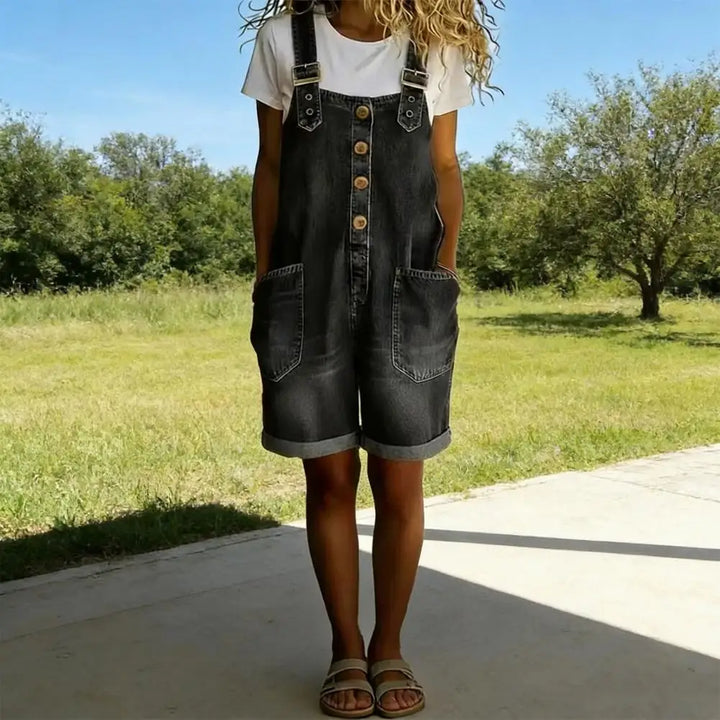 Saylor - Vintage short Cotton Denim-Look Overalls with Adjustable straps