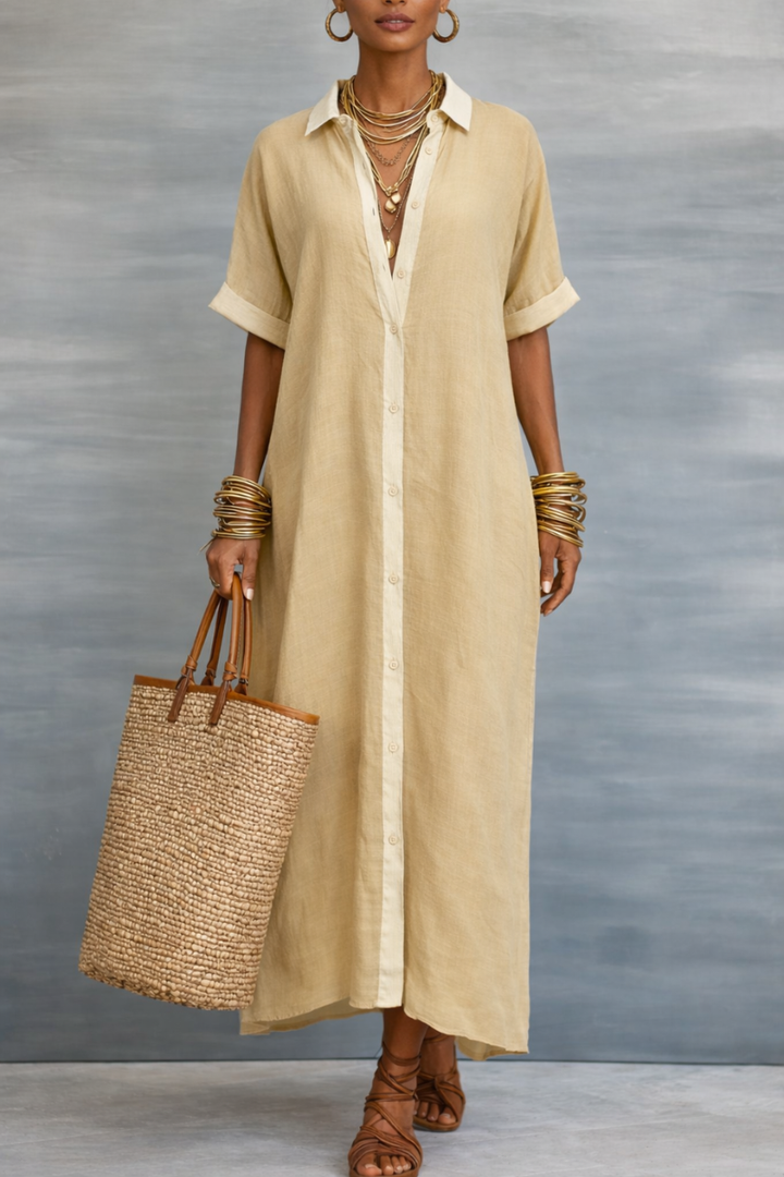 MANELLE | Short-sleeve Collared Maxi Shirt Dress with Minimalist Silhouette