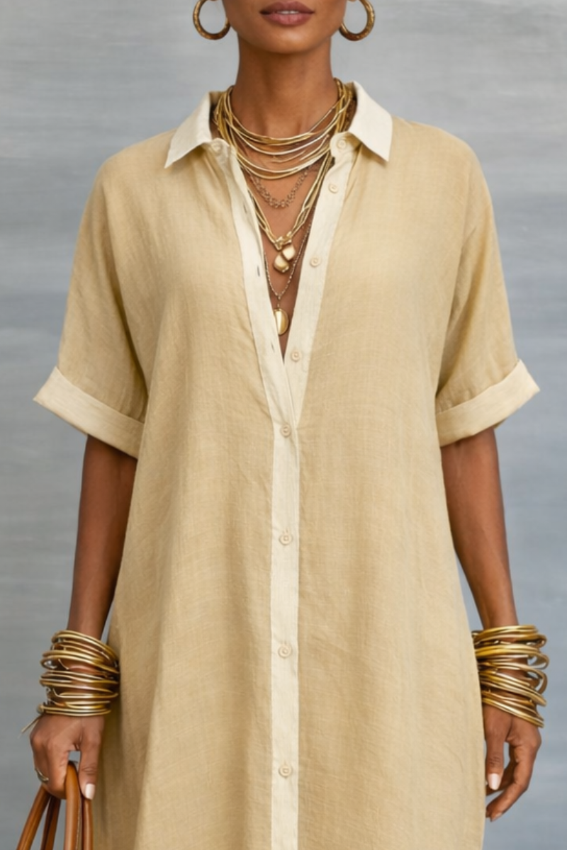 MANELLE | Short-sleeve Collared Maxi Shirt Dress with Minimalist Silhouette